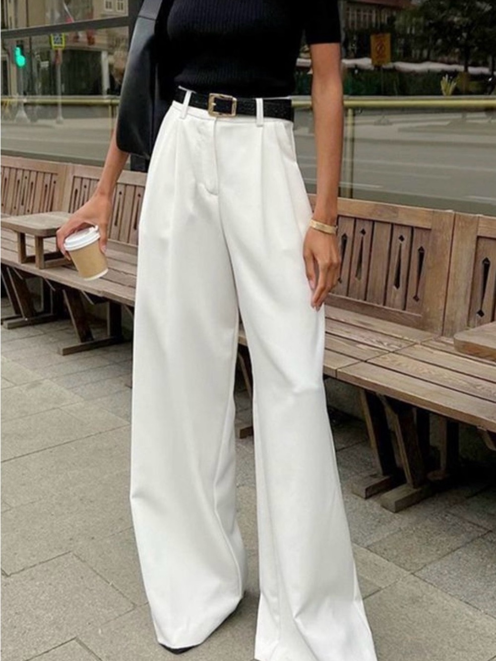 Commense White High-Waist Wide-Leg Trousers